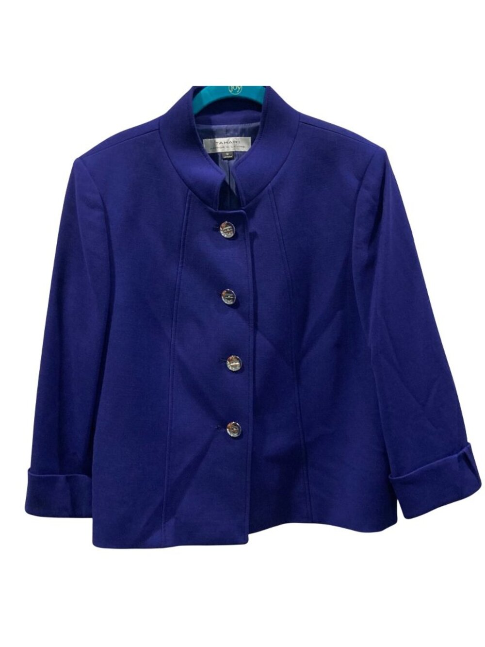 Tahari Minimalist Blazer 12 Blue Mandarin Collar Office Vibrant Career Evening